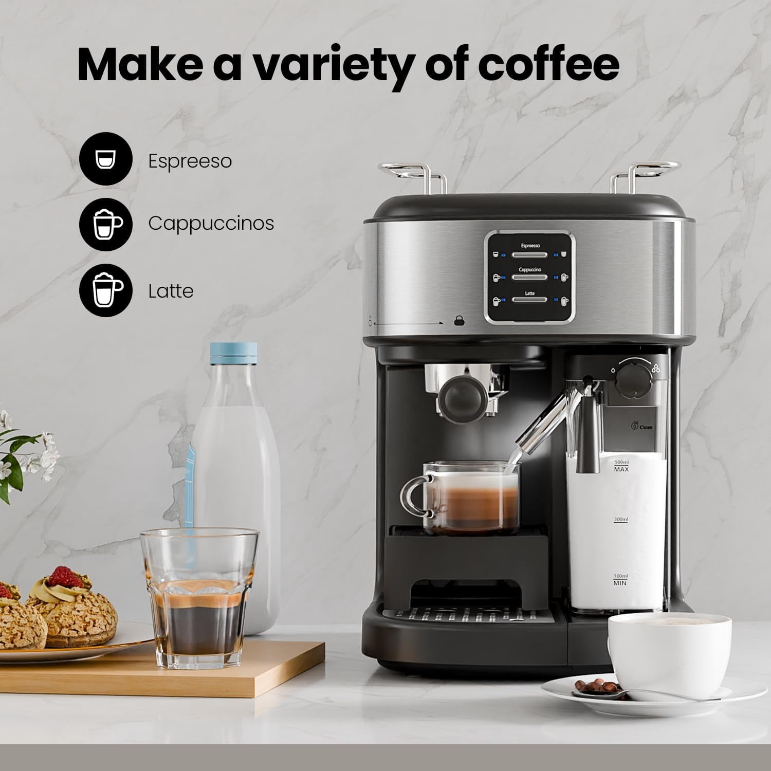 CRZOE 20Bar Latte Machine, Espresso and Cappuccino Machine with Automatic Milk Frother, 3 in 1 Professional Semi-Automatic Espresso Maker with Dual Heating System & Capsule Compatible
