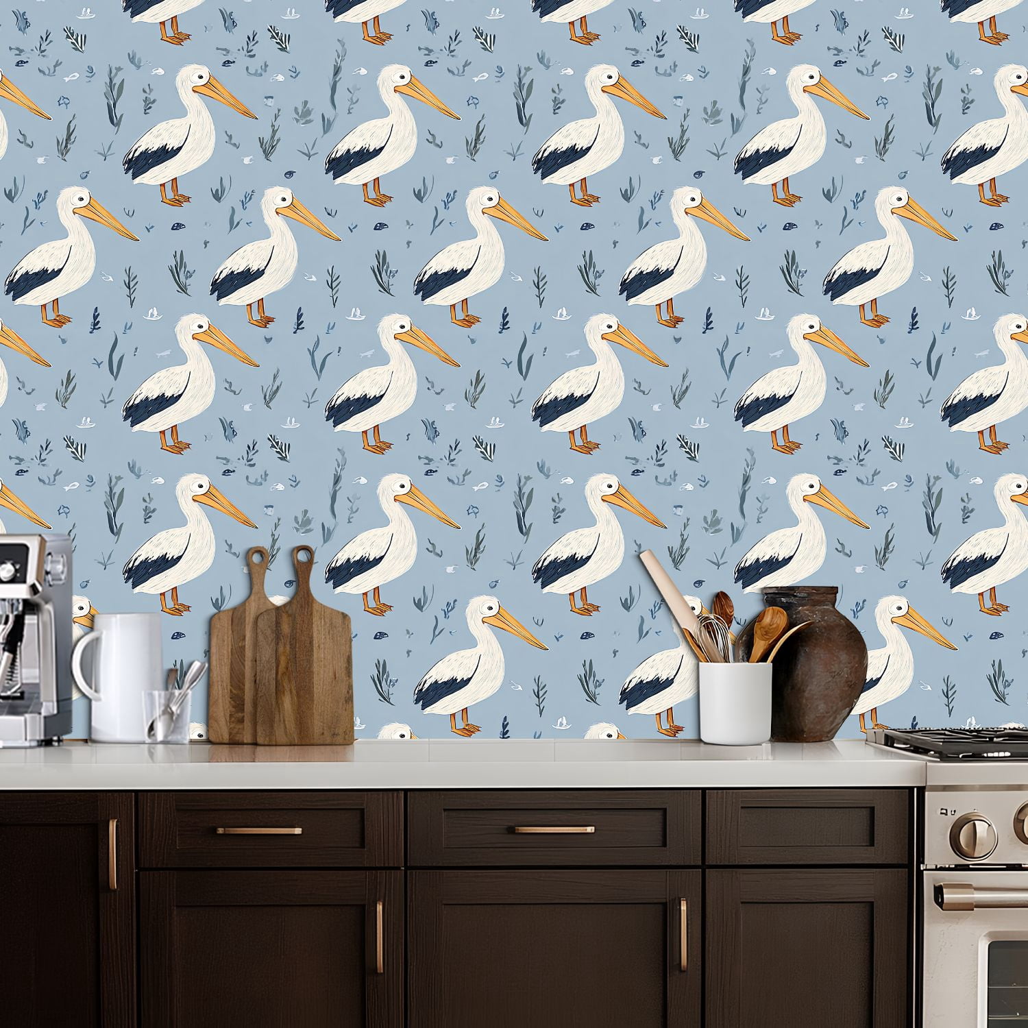 Peel and Stick Wallpaper 17.7in x 9.8ft Pelican Bird White Feathers Blue Contact Paper Vinyl Waterproof Self Adhesive Wall Paper for Bedroom Shelf Cabinet Renter Friendly