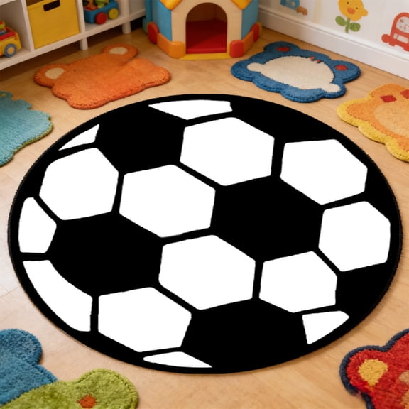LWVITH Soccer Ball Shaped Area Rug, 24x24 Inch Soft Non-Slip Floor Mat for Kids Room Game Room, Sports Themed Door Mat Indoor Outdoor, Decorative Rug for Bedroom Living Room