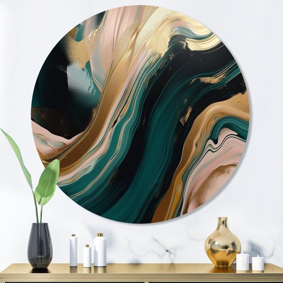 Designart "Marbled Euphoria Gold and Green III" Abstract Marble Metal Round Art Print