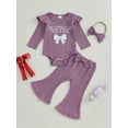 thumbnail image 2 of Suealasg 3Pcs Baby Girl Fall Outfits Set Long Sleeve Letters Bow Print Romper + Flare Pants + Headband Set 3 6 12 18 Months Infant Girl Spring Clothes, 2 of 7