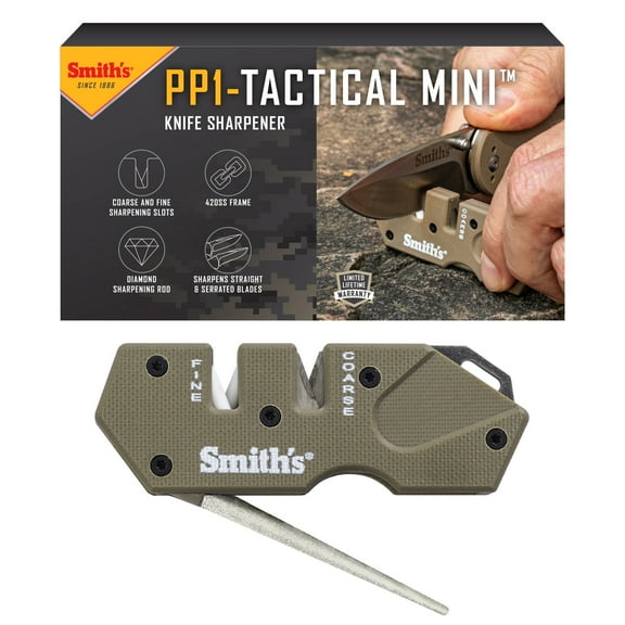 Smith’s Pocket Pal Mini Tactical Knife Sharpener - Desert Tan - 2 Stage Sharpener & Diamond Sharpening Rod - Outdoor Hunting Knife & Hook Sharpener - Compact, Durable & Lightweight