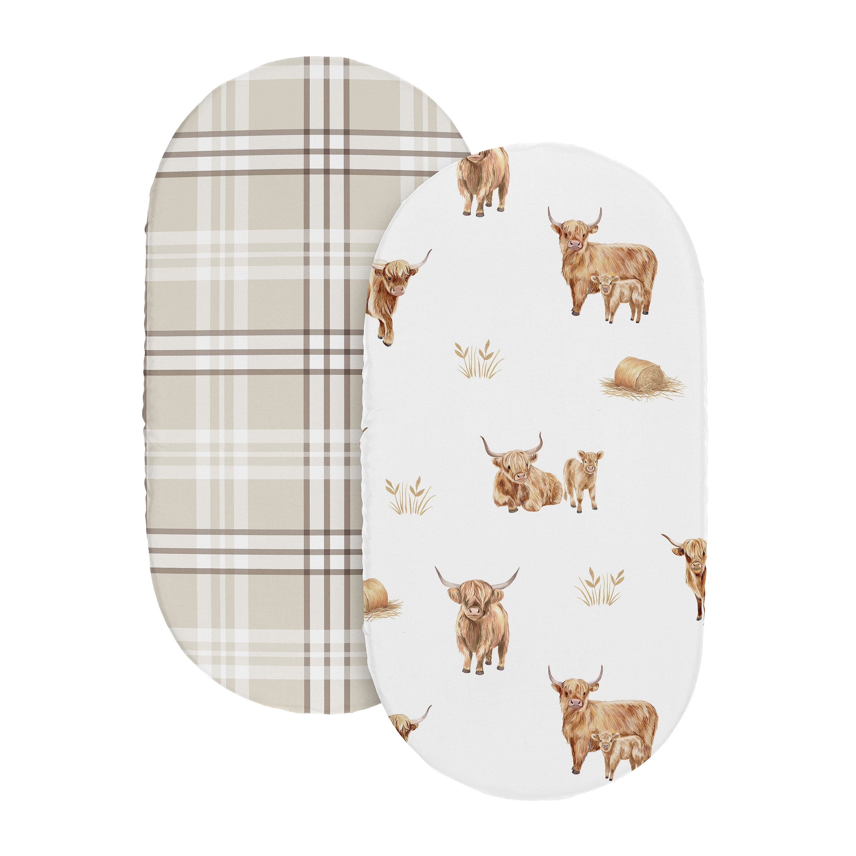 Sweet Jojo Designs Boho Highland Cow & Plaid Boy, Girl, Unisex/Gender Neutral Baby Bassinet Fitted Sheets Set 2 Piece