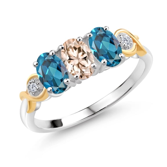 Gem Stone King Oval Peach Morganite London Blue Topaz 1.72 Ct 925 Silver and 10K Yellow Gold Ring (Size 8)