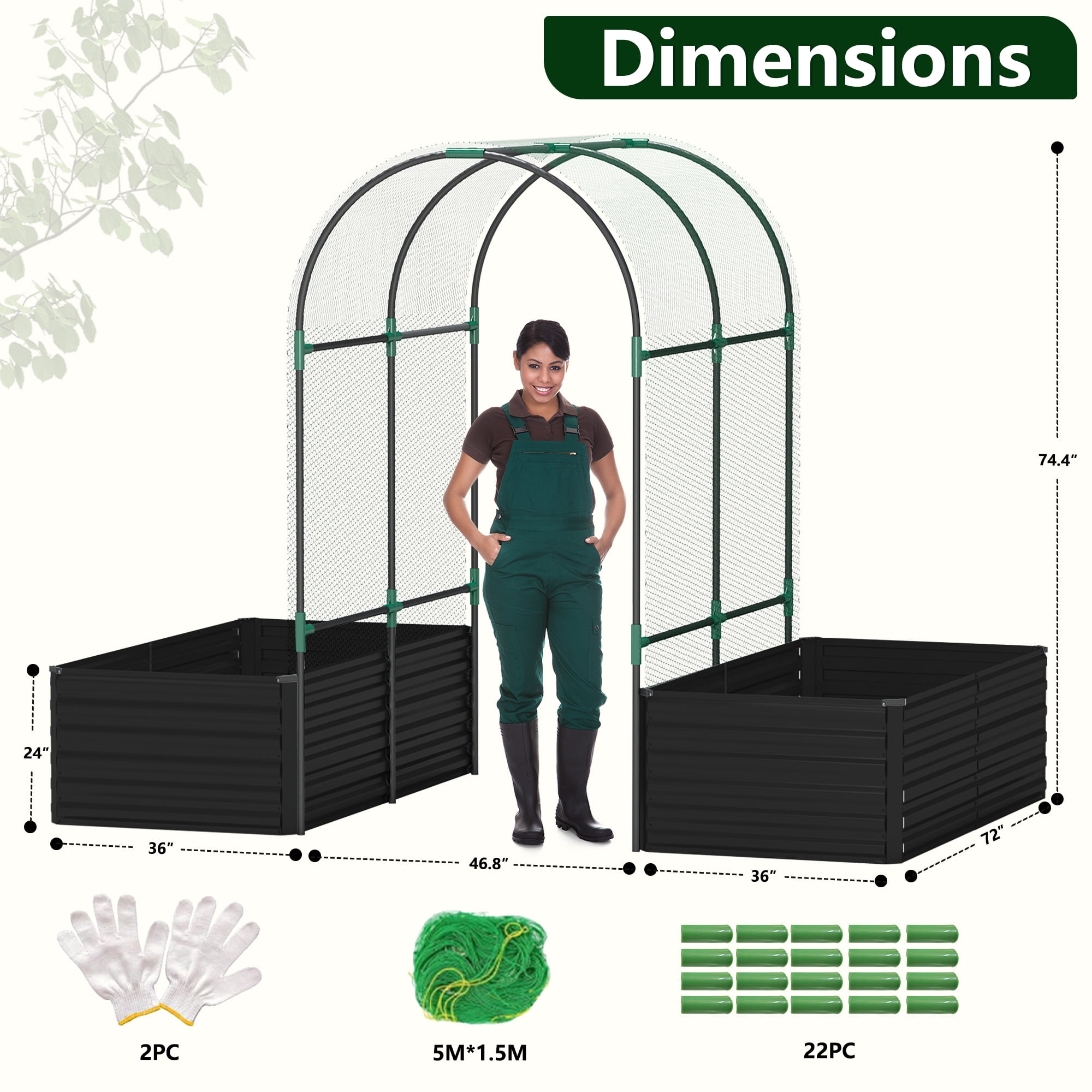 FOOWIN 3 in 1 Galvanized Raised Garden Bed with Trellis, Outdoor Metal Planter Box for Vegetables & Flowers, 269 Gallon Capacity, Black