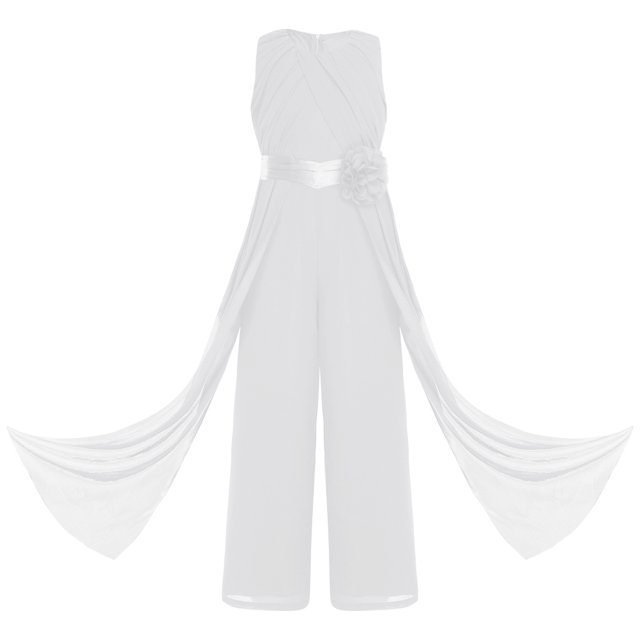 renvena Kids Girls Flower Wedding Party Bodysuit Ruffled Chiffon Pageant Banquet Rompers Summer Wide Leg Pants Jumpsuit Playsuit with Detachable Embellishment Ivory 10