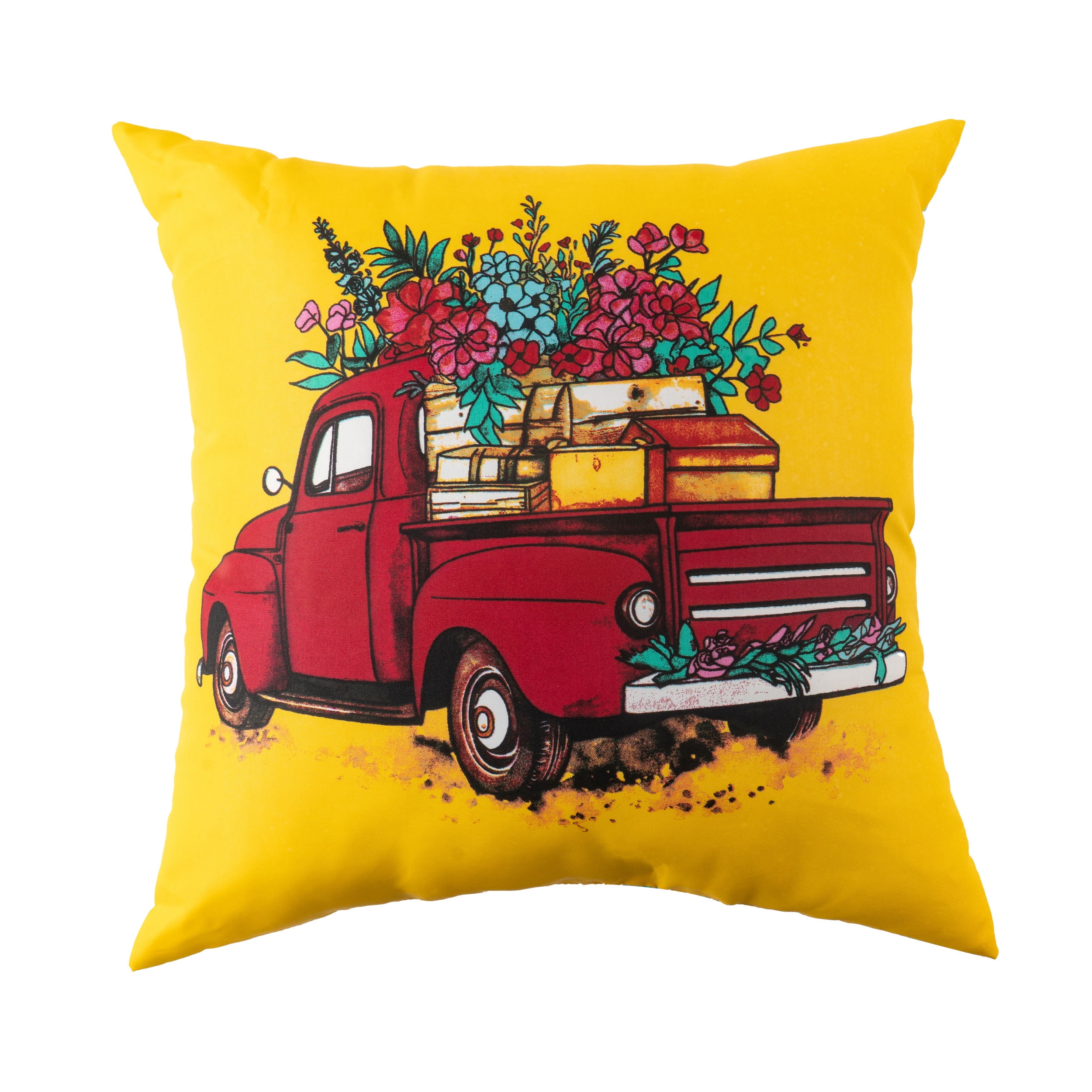 (2 pack) Mainstays Red Flower Truck Reversible Outdoor Throw Pillow 16 Inch Blue Novelty and Floral