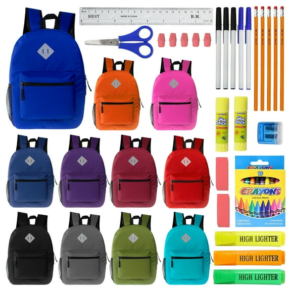 12 Wholesale 17" Diamond Patch Backpacks in Asst Colors & 12 Bulk School Supply Kits (36 Piece)