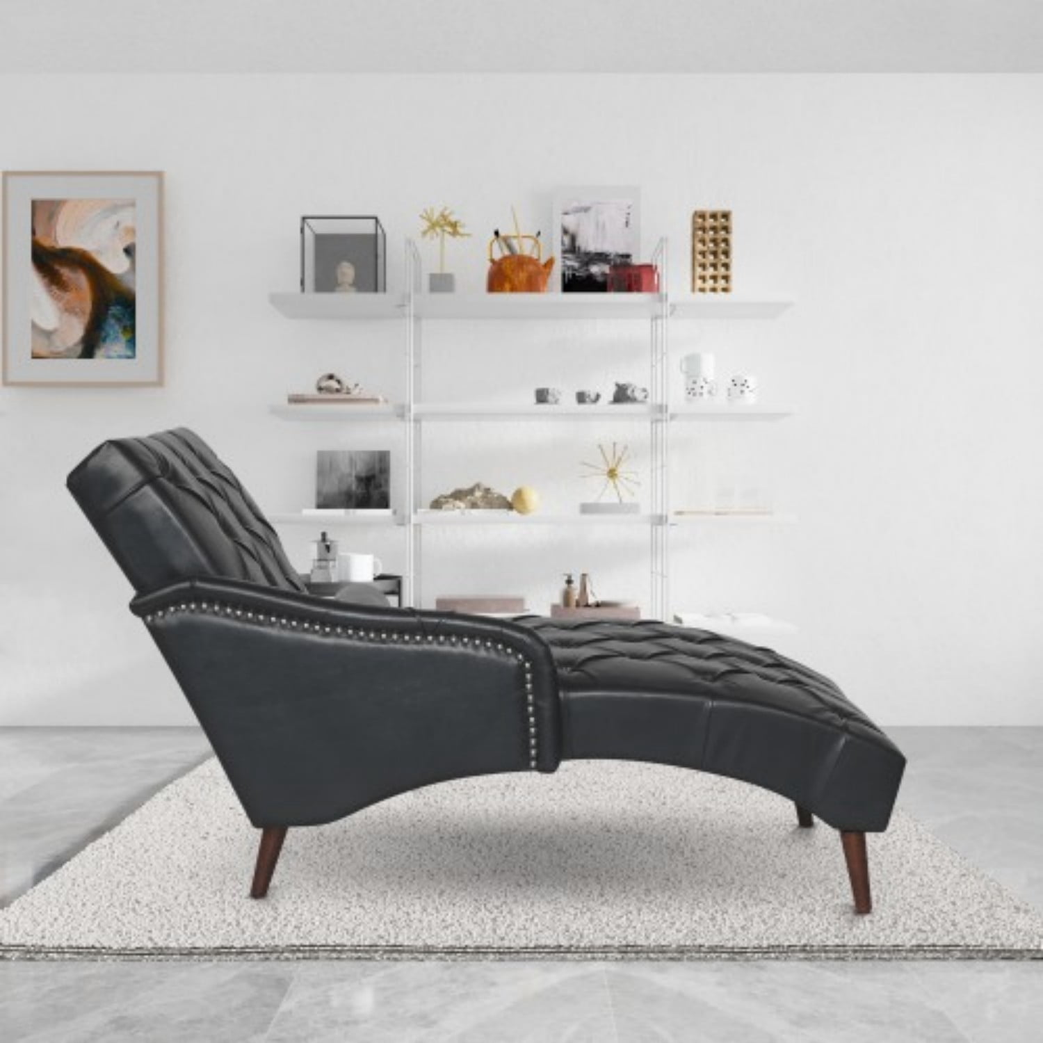 Chaise Lounge Chair with Pillow, Upholstered PU Leather Accent Chair with Tufted Back, Solid Wood Legs & Armrest, Indoor Reading Chaise for Living Room, Bedroom & Office, Black