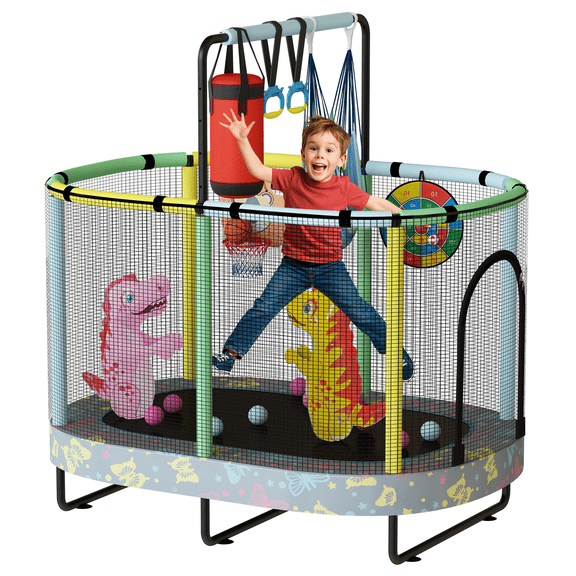 MOOSENG Elliptic Kids Trampoline, Bouncing Trampoline with Safety Enclosure Net, Adjustable Height Handrail, 500lbs Capacity, Designs for Boys & Girls, 7-in-1, 55” (Butterfly)