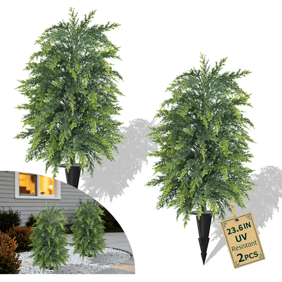 2 Pack Artificial Cypress Topiary Ball Trees with Ground Spike, 23.6" Mixed Norfolk Pine UV Resistant,Realistic Evergreen Bushes for Front Porch, Garden, Backyard, and Indoor Decor