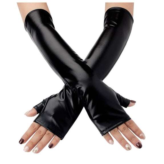 HEWUQI Women's Long Leather Fingerless Gloves Sleek Costume Accessory Themed Parties Events Arm Warmers Black