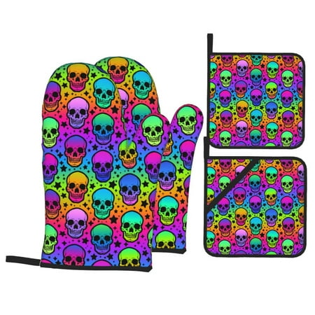 

Oven Mitts and Pot Holders 4 pcs Set halloween star skull Heat Resistant Pot Holders Oven Mitts for kitchen Non-Slip Hanging Loop Oven Glove Potholders for Baking Cooking
