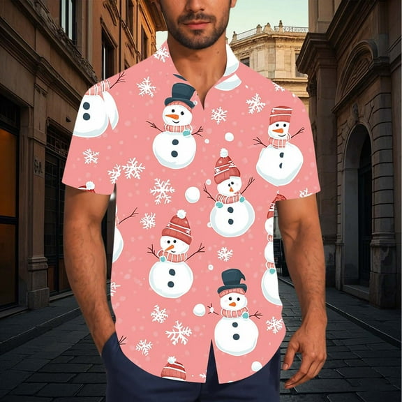KeShDi Flannel Shirt for Men Christmas Men Casual Fashion Turndown Collar Printing Short Sleeve Button Shirt Blouse Pink 2X