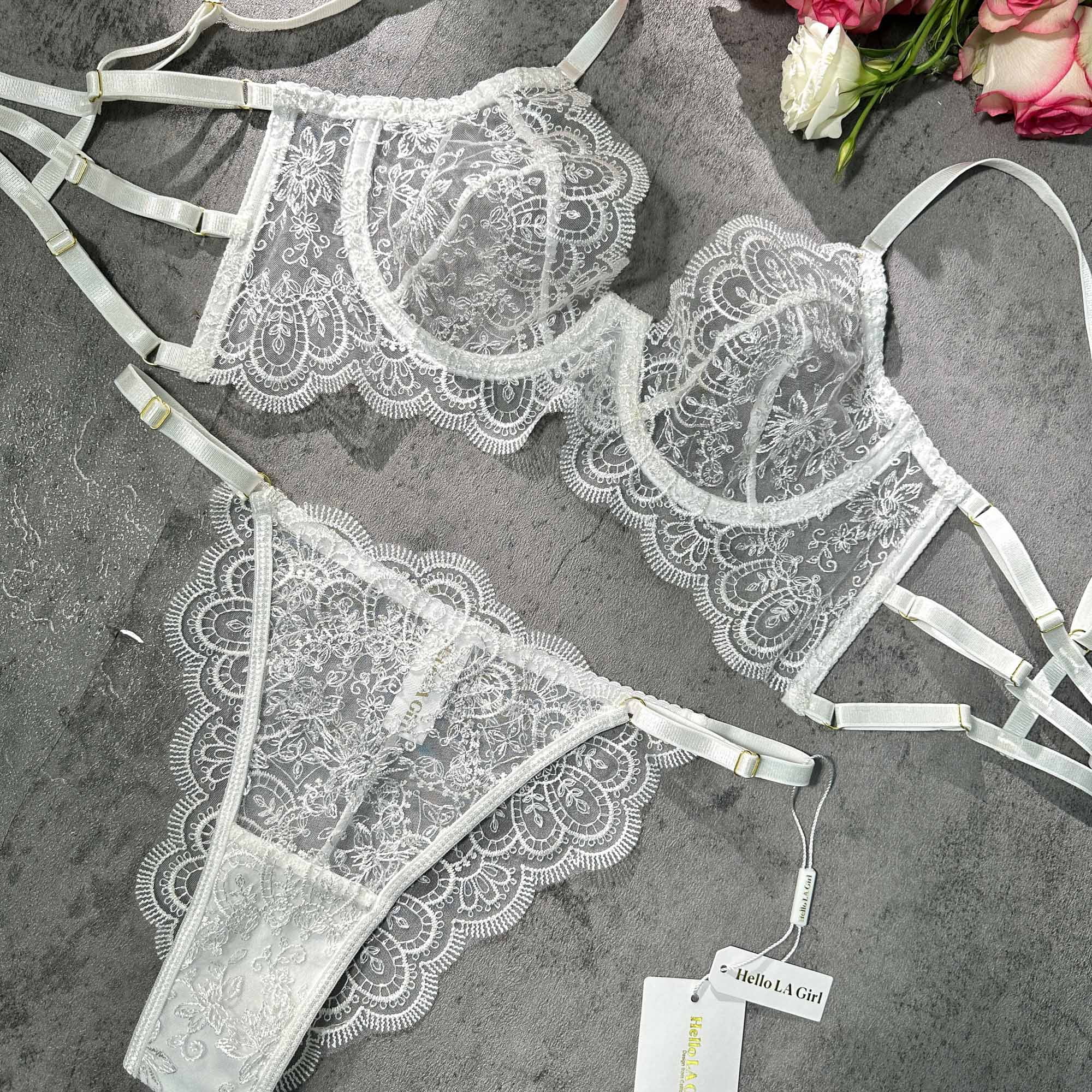 White Exquisite Lace Lingerie Set (WHITE, 2XL)