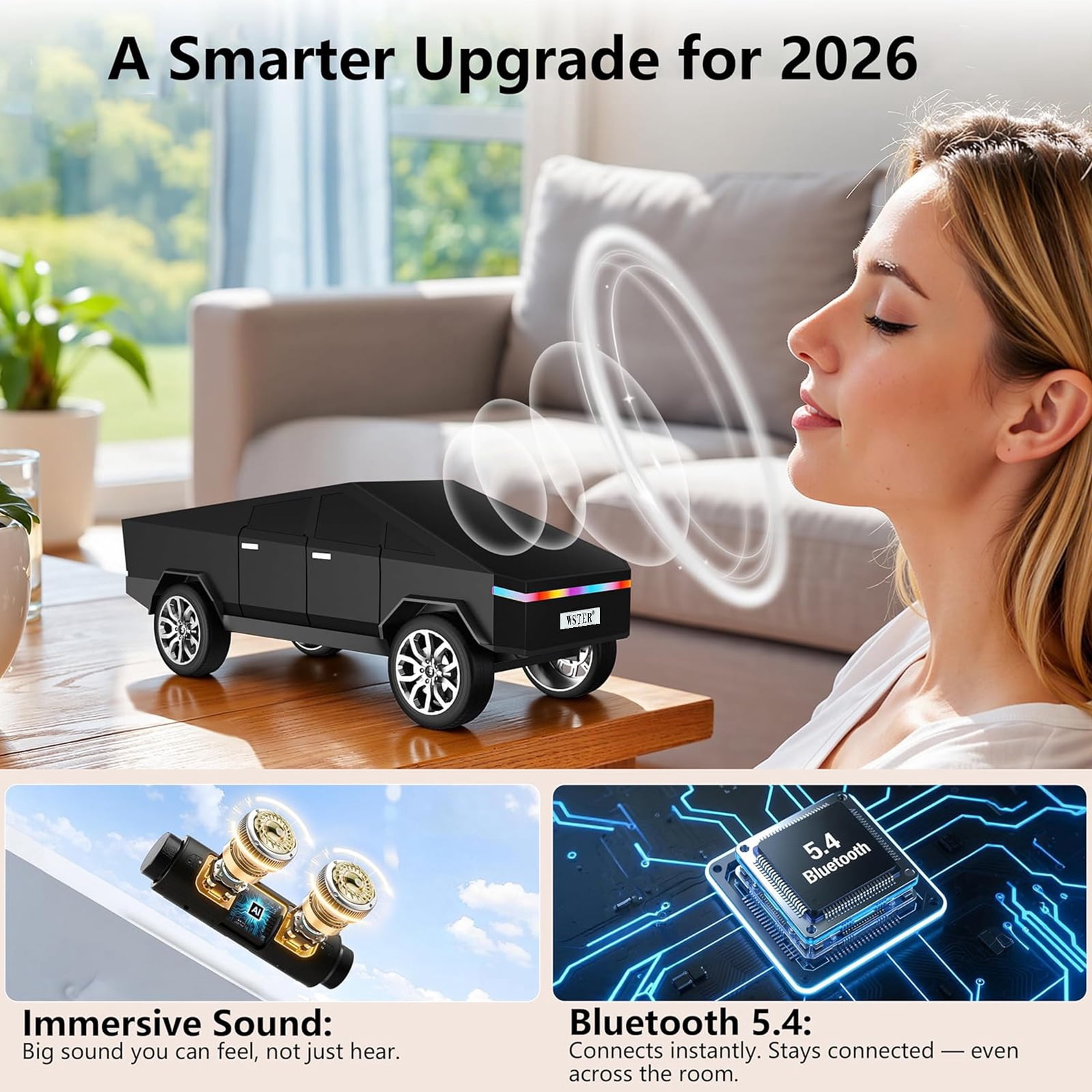 WSTER WS-580 Cybertruck Portable Bluetooth Speaker, Replica Car with Display Screen, HD Sound, BT5.4，TWS, FM , For Home Outdoor Party Beach，The Perfect Gift for Family and Friends