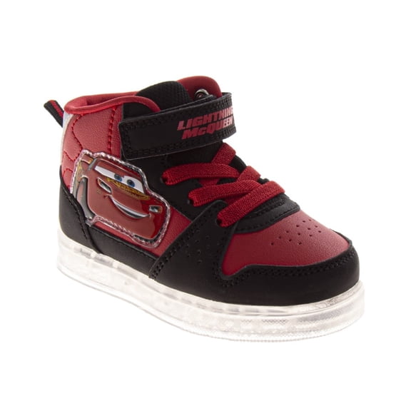 Disney Pixar Cars Lightning Mcqueen High Top Sneakers Boys, Race Car Design Lace Up Velcro (Toddler Little Kid), Red Black, Size: 9