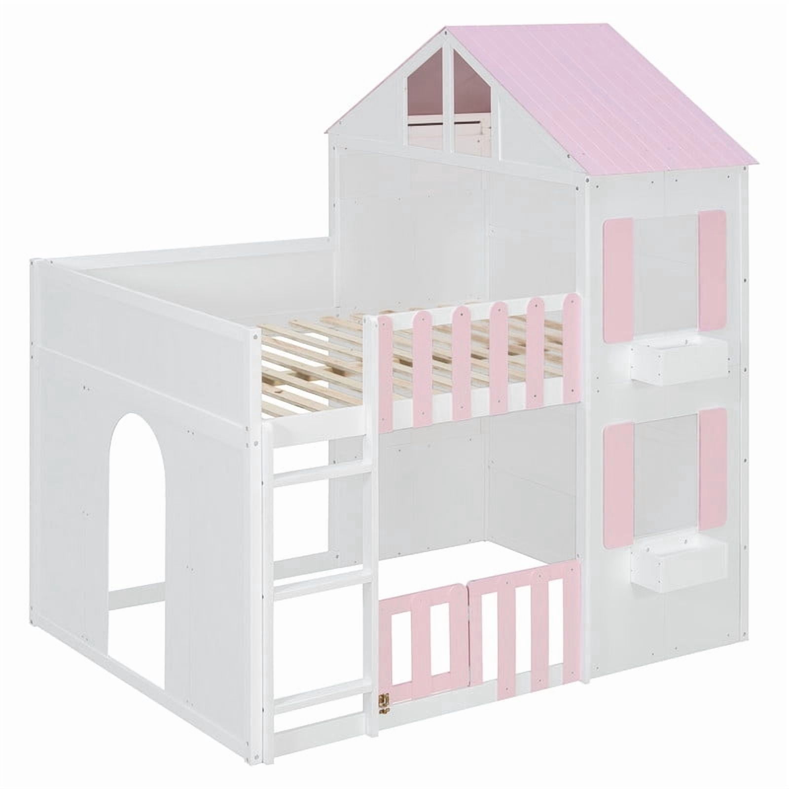 Full over Full House-Shaped Bunk Bed with Roof and Window, Kids/Teens Playful Designed Bed Frame with Fence and LED Light