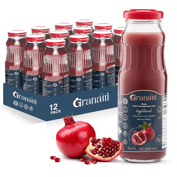 Granatti Unfiltered Pomegranate Juice, Cold Pressed, 8.4 oz, 12 Pack, No Sugar Added, Not from Concentrate, Glass Bottles