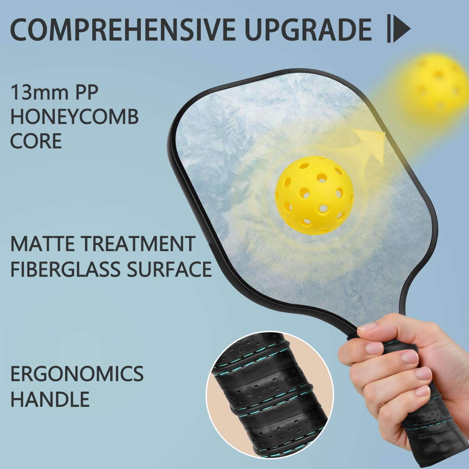 Pickleball Paddles Set Of 1, Fiberglass Surface, Ice Crystal Print, 1 Paddle, 2 Balls & Bag