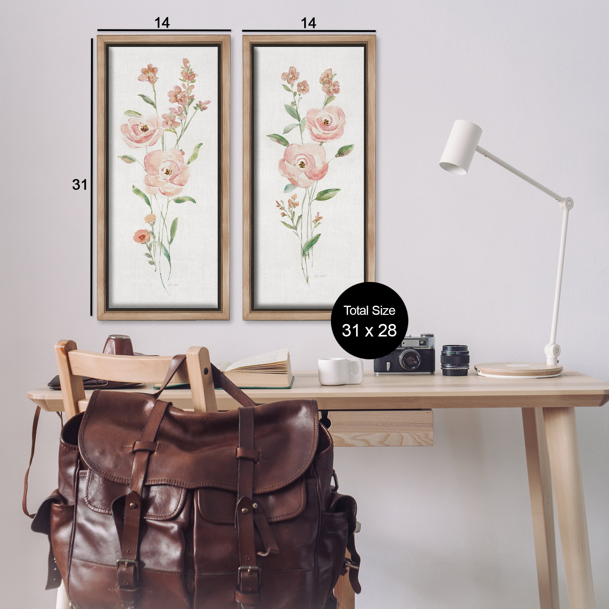 Stupell Industries Simple Pink Watercolor Flowers Plants & Flowers Painting Brown Floater Framed Canvas Art Print Wall Art, 14 x 31, Set of 2