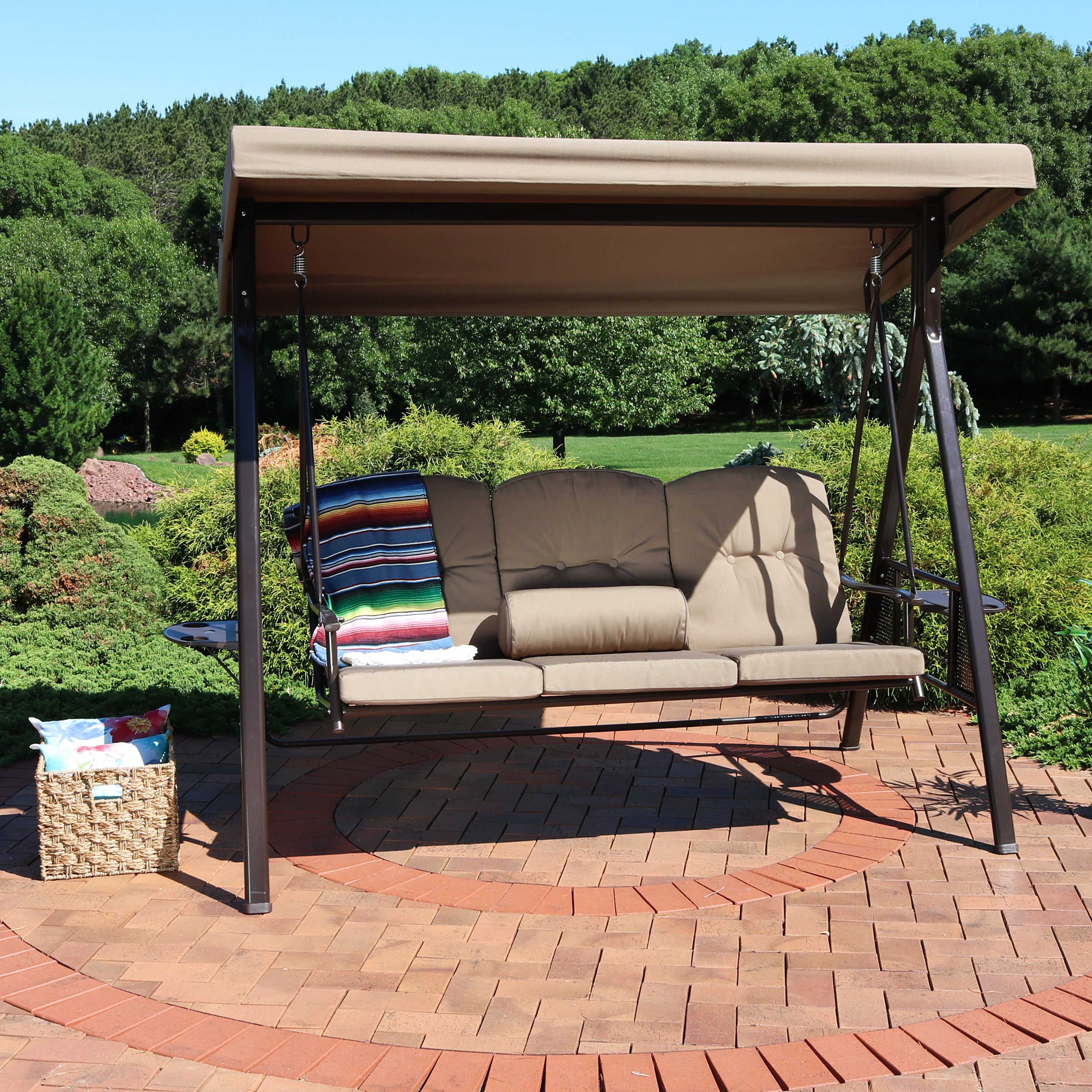 Sunnydaze 3-Person Patio Swing with Adjustable Canopy and Cushions - Beige - image 2 of 9