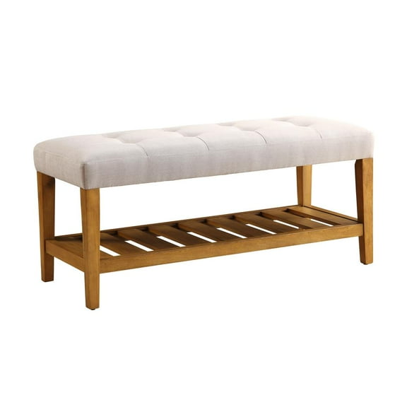 ACME Charla Fabric Upholstered Bench with Bottom Shelf in Light Gray and Oak