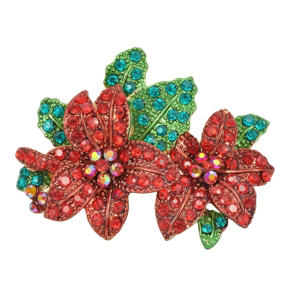 Gyn&Joy Poinsettia Star Flower, Red, Crystal Rhinestone, Christmas Pins & Brooches, Gold-Tone
