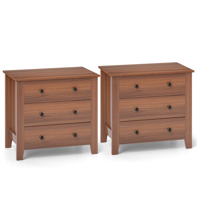 Costway Commode 2 Pcs à 3 Tiroirs avec Poignées Pratiques Rails de Glissement Fluides Table d'Appoint Noyer