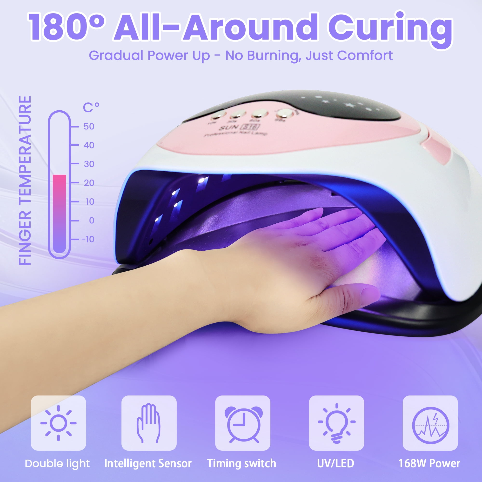 JUUTREN UV LED Nail Lamp - Fast Curing Light for Gel Nails with 4 Timers & Auto Sensor, 168W Nail Dryer for Gel Polish with LCD Display, Professional UV Light for Home Salon Nails Art Tools