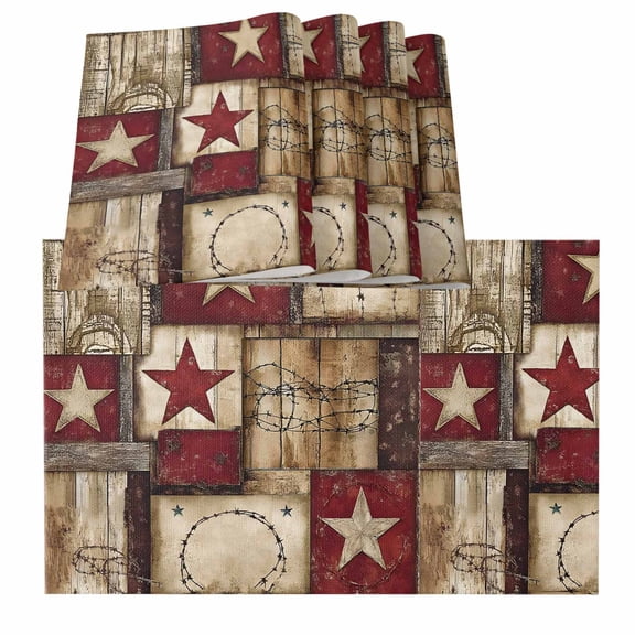 Texas Star Farm Placemats for Dinning Table Set of 4, Country Wood Grain Vintage Western Burlap Kitchen Place Mats Waterproof Cloth Table Mats, Indoor Outdoor Placemats Easy Clean Dinner Decor
