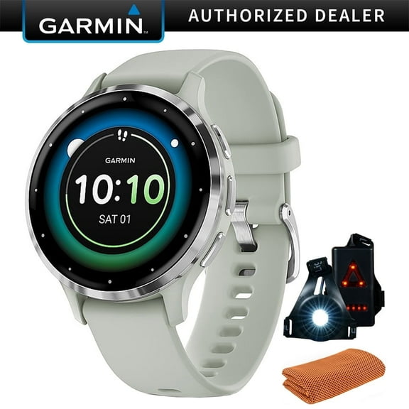 Garmin 010-02785-01 Venu 3S Health Fitness GPS Smartwatch Steel Bezel with Sage Gray Case (41mm) Bundle with Sport Towel, Deco Essentials Wearable Safety Light| Official Garmin USA Dealer