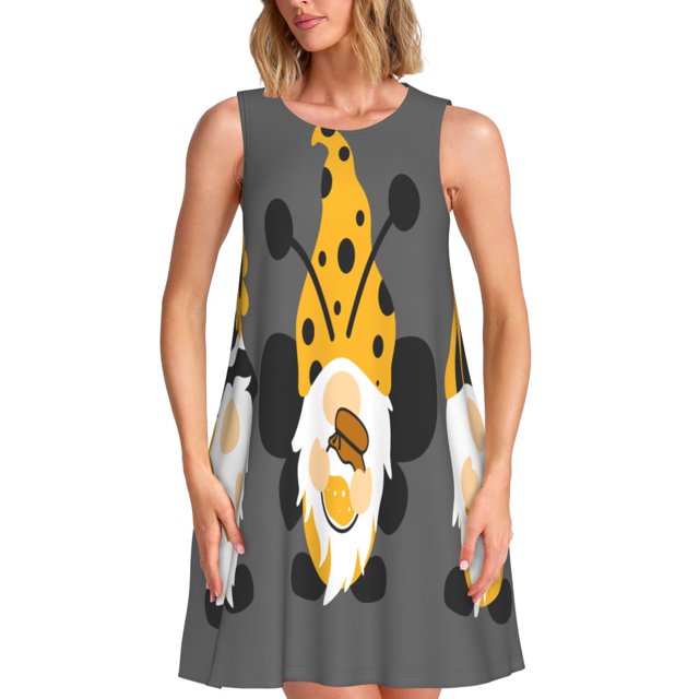 Fotbe Bee Gnome With Sunflower Vestido de Verano sin Mangas para Mujer – Vestido Midi Línea A, Estilo Camiseta Floral, Vestido Playero Casual y Fluido