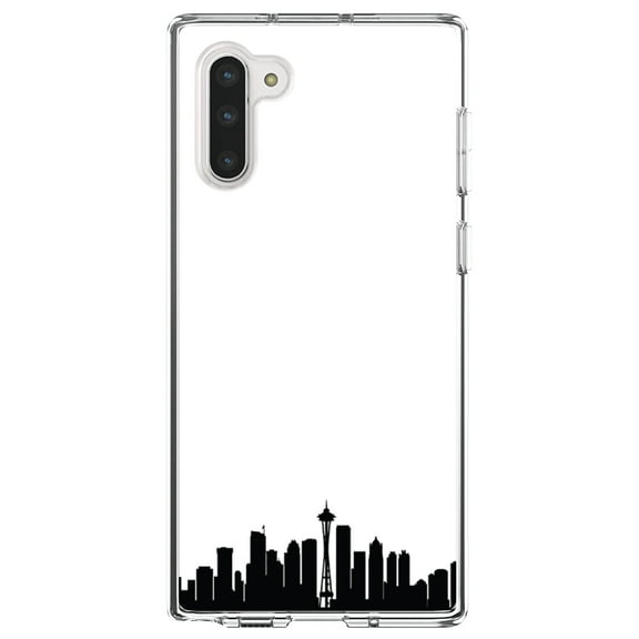 DistinctInk Clear Shockproof Hybrid Case for Samsung Galaxy Note 10 (6.3" Screen) - TPU Bumper, Acrylic Back, Tempered Glass Screen Protector - Seattle Skyline Silhouette - Seattle