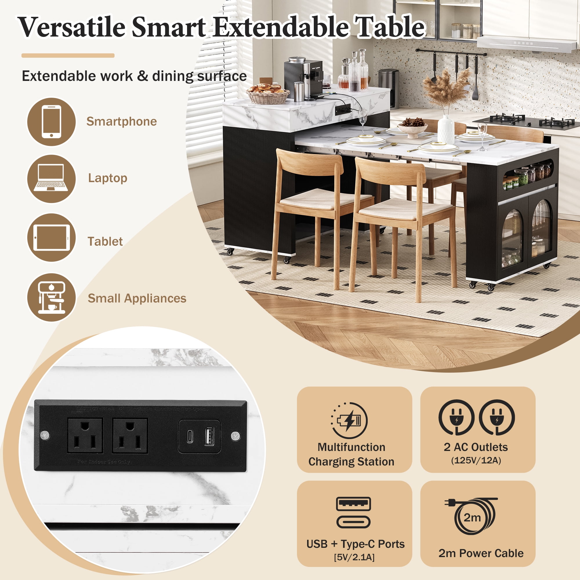 Table de salle à manger extensible Noble House TREXM avec plateau rabattable extra-long, îlot de cuisine roulant avec tiroirs (Noir + Blanc marbré)