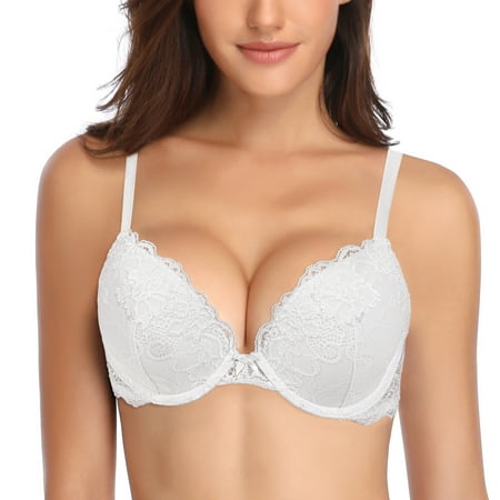 

Deyllo Women s Sexy Lace Push Up Padded Plunge Add Cups Underwire Lift Up Bra White 32DDD