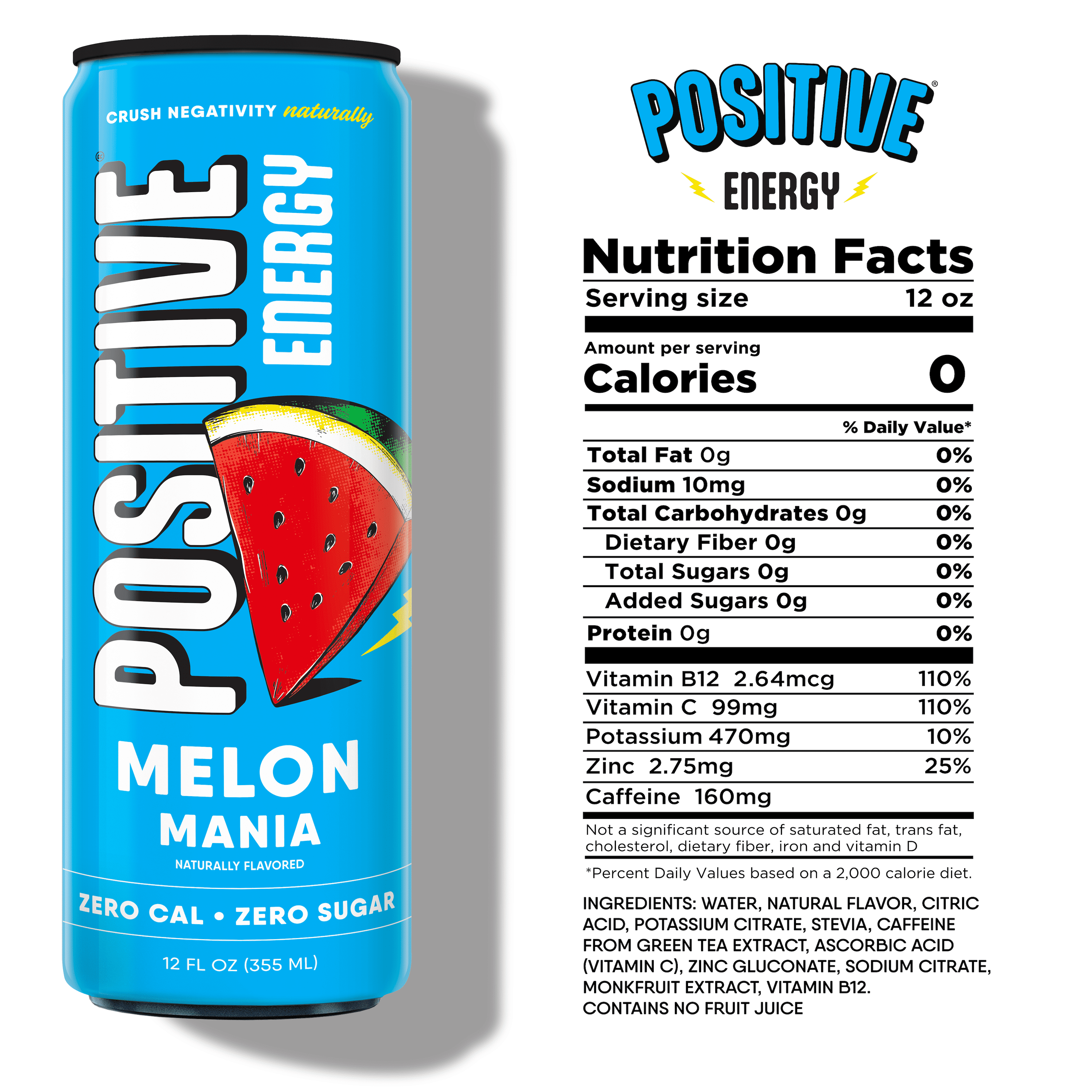Positive Energy Drink - Melon Mania | Zero Sugar, Zero Calorie, 12oz Cans (Pack of 12) | Hydrating Electrolytes, Immunity Support with Zinc, Healthy Energy Boost