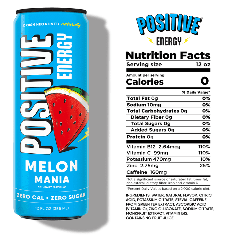 POSITIVE ENERGY, Positive Energy Drink, 12oz Can Pack 12, Melon