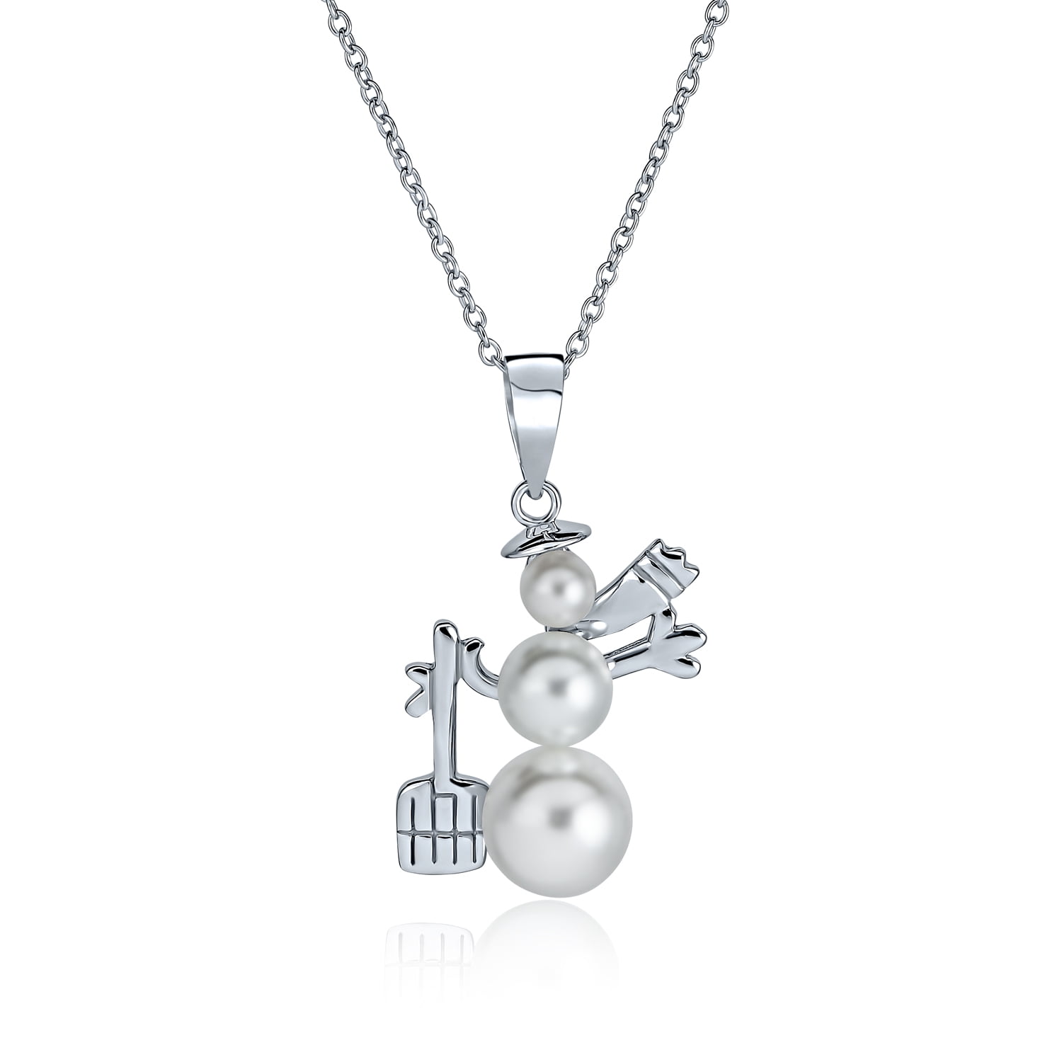 925 Silver White Simulated Pearl Snowman Necklace 16in