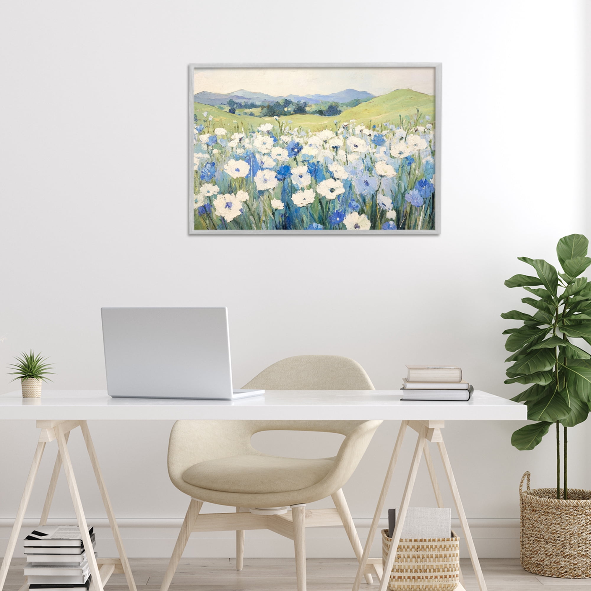 Stupell Industries Blue & White Daisies Gray Framed Giclee Art, design by Petal Prints Design