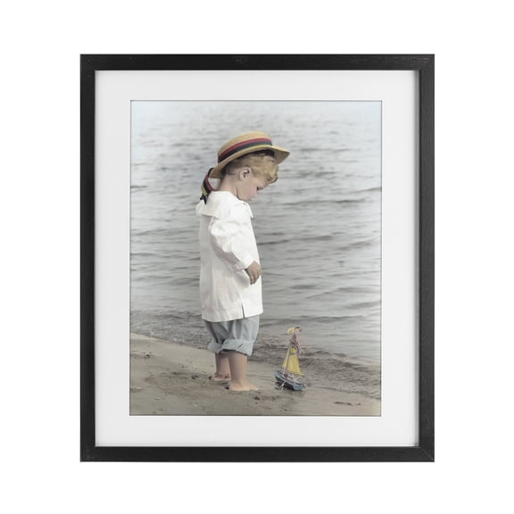 Stupell Industries Cottage Child on Beach Shore Black Framed Print Under Glass, 13 x 16, by Kendra Dew