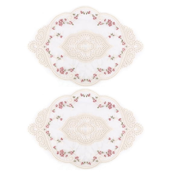 2Pcs Vintage Oval Lace Table Placemats Exquisite Flower Embroidered Doilies Vase Mat 12.2 X 16.9 Inch
