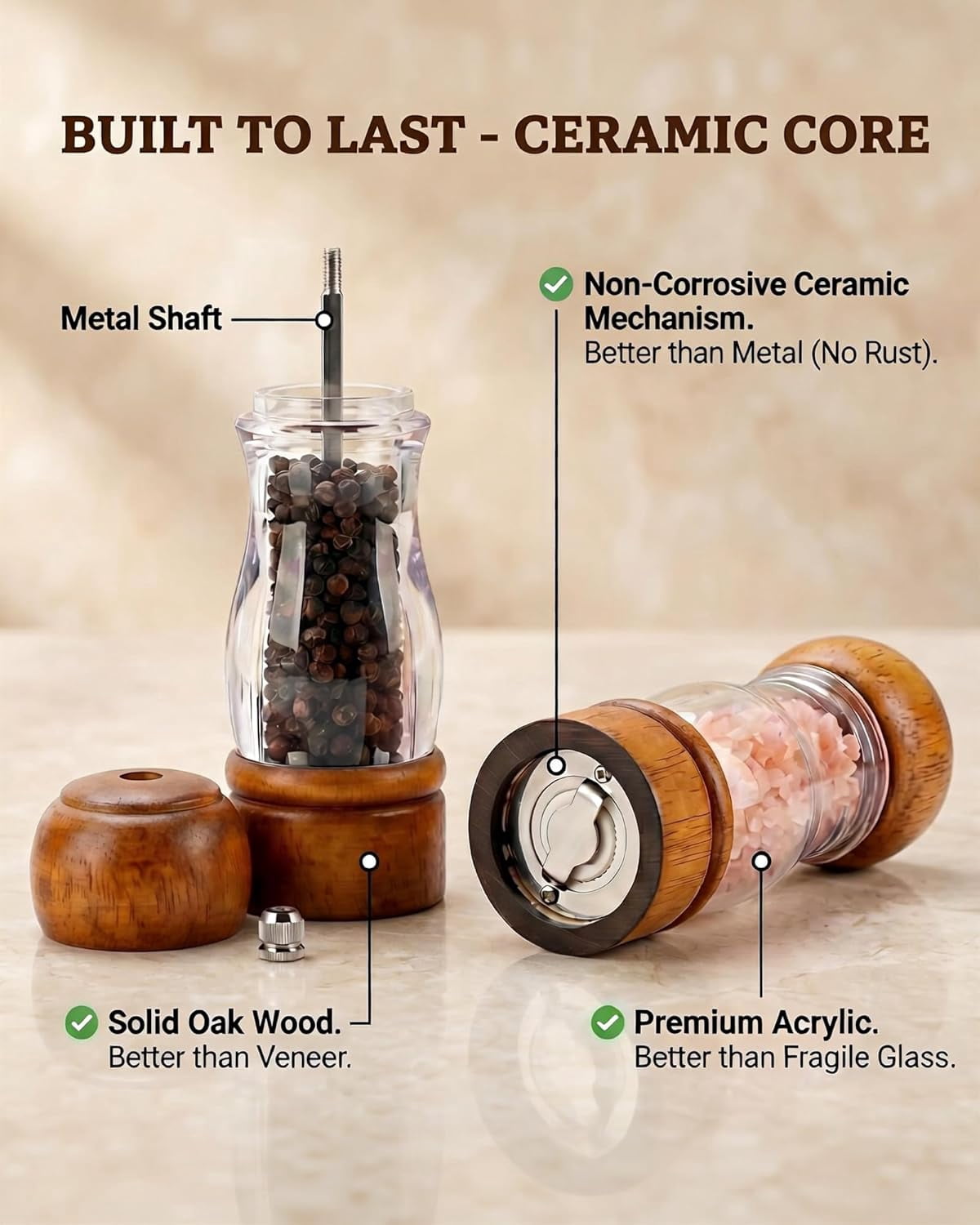 Wooden Salt and Pepper Grinder Set with Tray - 6.3 Inch Refillable Manual Pepper Mill & Sea Salt Grinder, Acrylic Window, Adjustable Ceramic Rotor for Peppercorns, House Warming Gifts