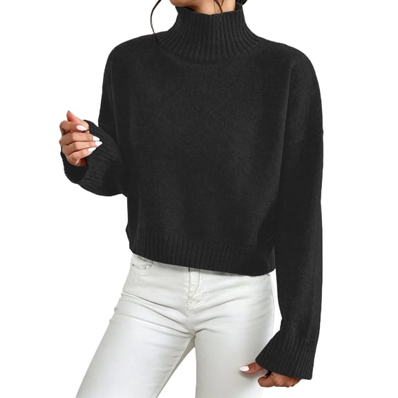 HOSIA Women Cropped Turtleneck Knit Sweater Oversized Long Sleeve Turtleneck Knitted Pullover Jumper Loose Soft Cozy Casual Crop Pullover Sweater Fall Winter Business Casual Teacher Outfits Black L