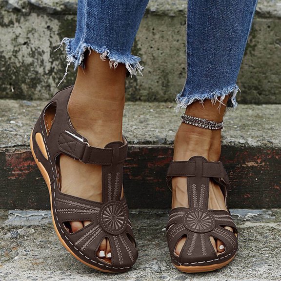 EliteGoogv Womens Fisherman Sandals Closed Toe Hollow Out Slip On Wedge Sandals For Women Summer Beach Shoes Comfortable Arch Support Casual Footwear Womens Sandals Brown US :6.5