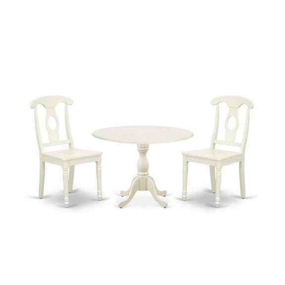 East West Furniture DMKE3-LWH-W 3 Piece Dinette Set Contains 1 Drop Leaves Wooden Dining Table and 2 Linen White Mid Century Dining Chairs with Napoleon Back - Linen White Finish