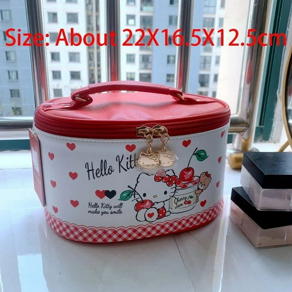 Sanrio Hello Kitty Makeup Bag Kawaii Anime Portable Handbag Cute Bow Pu Waterproof Cosmetic Cases Largecapacity Wash Storage Bag