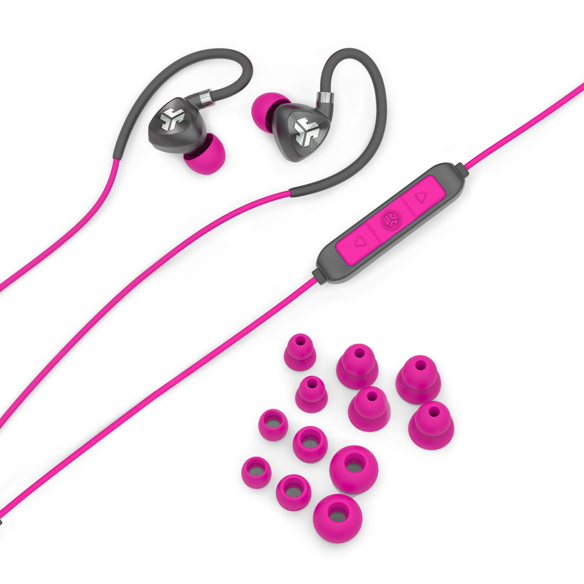 JLab Audio Fit 2.0 Bluetooth Wireless Sport Earbuds - Gray / Pink - Titanium 10mm Drivers 6 Hour Battery Life Bluetooth 4.1 IP55 Sweat Proof Rating Extra Gel Tips Flexible Memory Wire