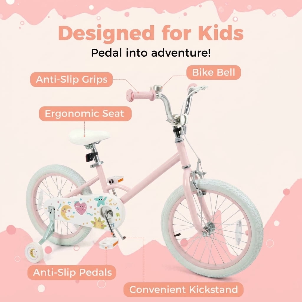 Redsmile Kids Bike 12 Inch for Boys Girls Ages 3-8, Adjustable Toddler Bicycle with Training Wheels and Stars & Moon Design, Height-Adjustable Seat, 110 lb Capacity, Pink