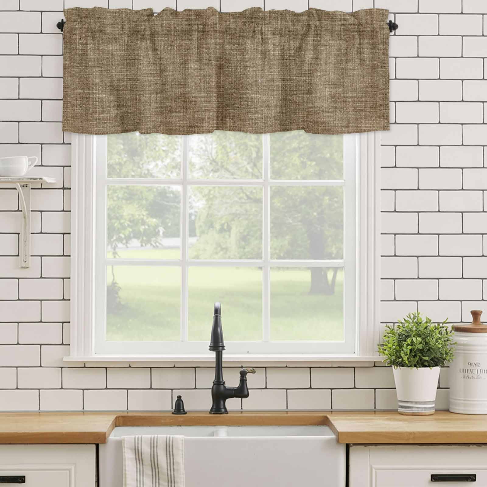 Vintage Brown Rod Pocket Curtain Valance, Farmhouse Retro Dark Solid Color Linen Texture Farmhouse Window Valance for Living Room, Bedroom, Kitchen 42"W x 12"L
